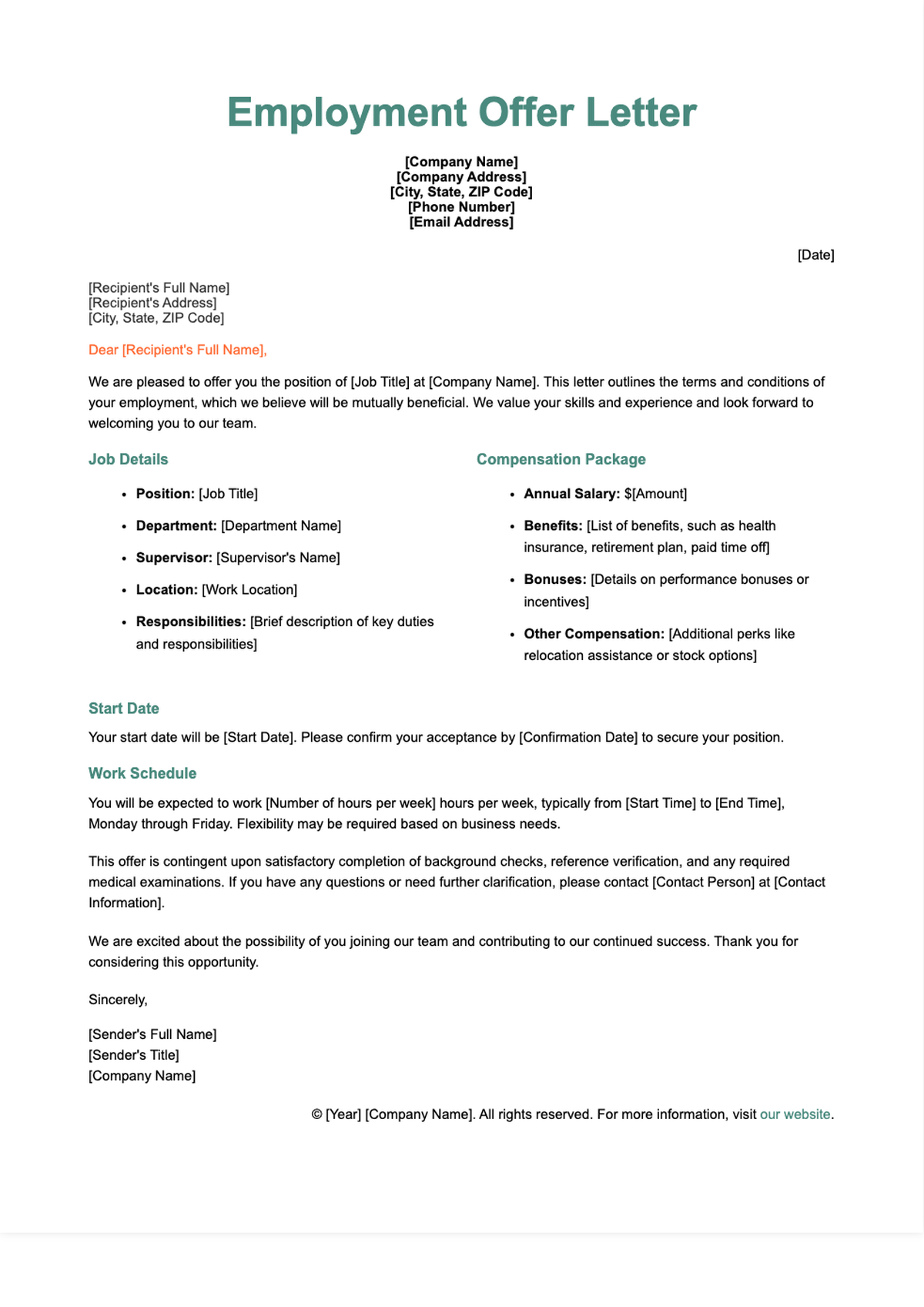 Job offer letter sample template with placeholder fields and compensation details_variant_3